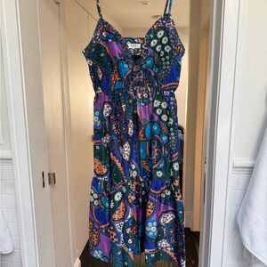 Sea New York Blue and Purple Silk Paisley Boho Midi Dress